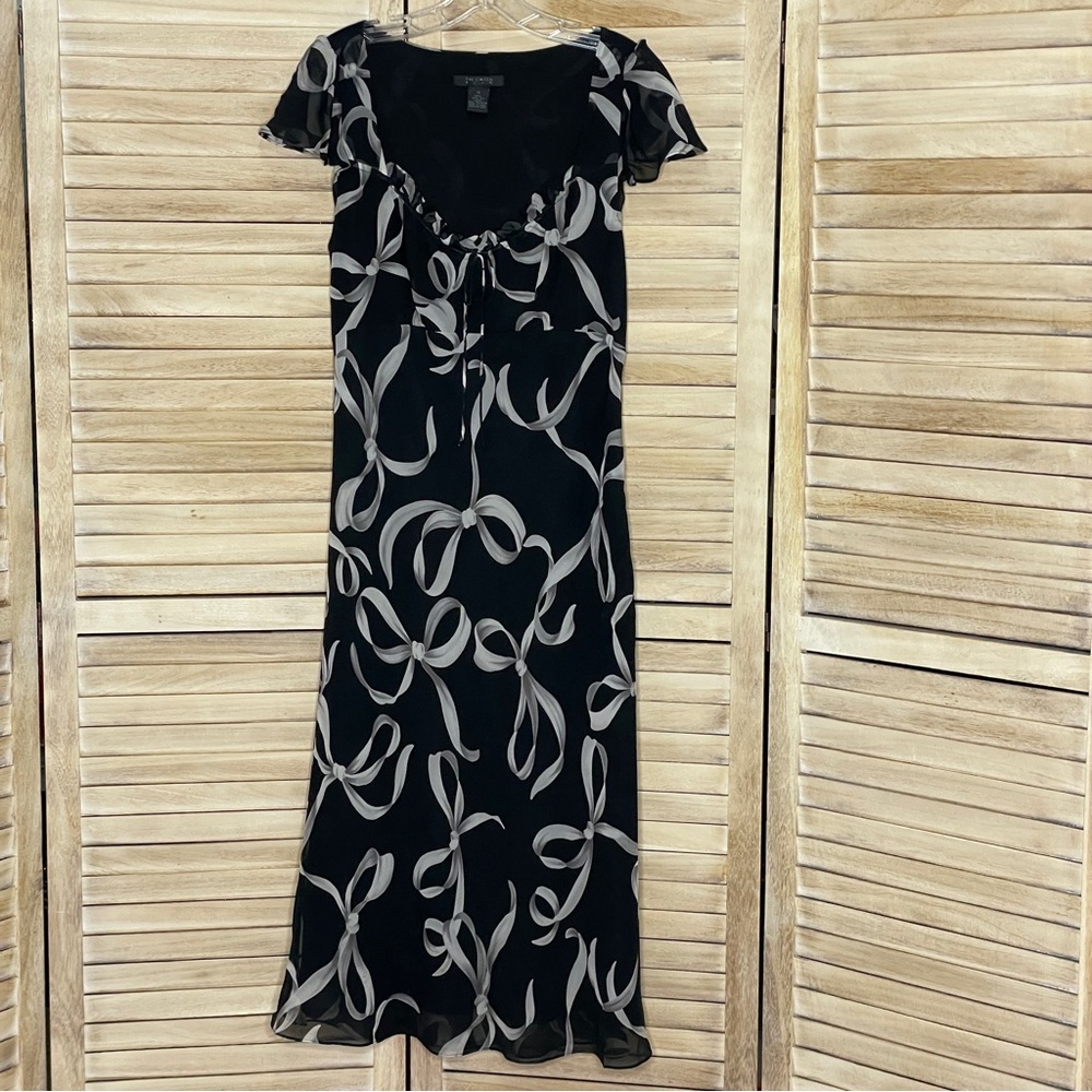 Limited Black and Gray Silk Dress Sz 12 Feminine Midi Length Empire Waist Zips